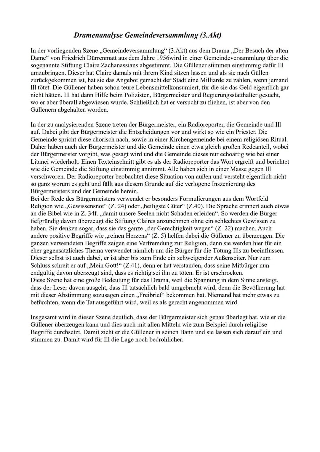 
<p>Die vorliegende Szene "Gemeindeversammlung" (3. Akt) aus dem Drama "Der Besuch der alten Dame" von Friedrich Dürrenmatt aus dem Jahre 19