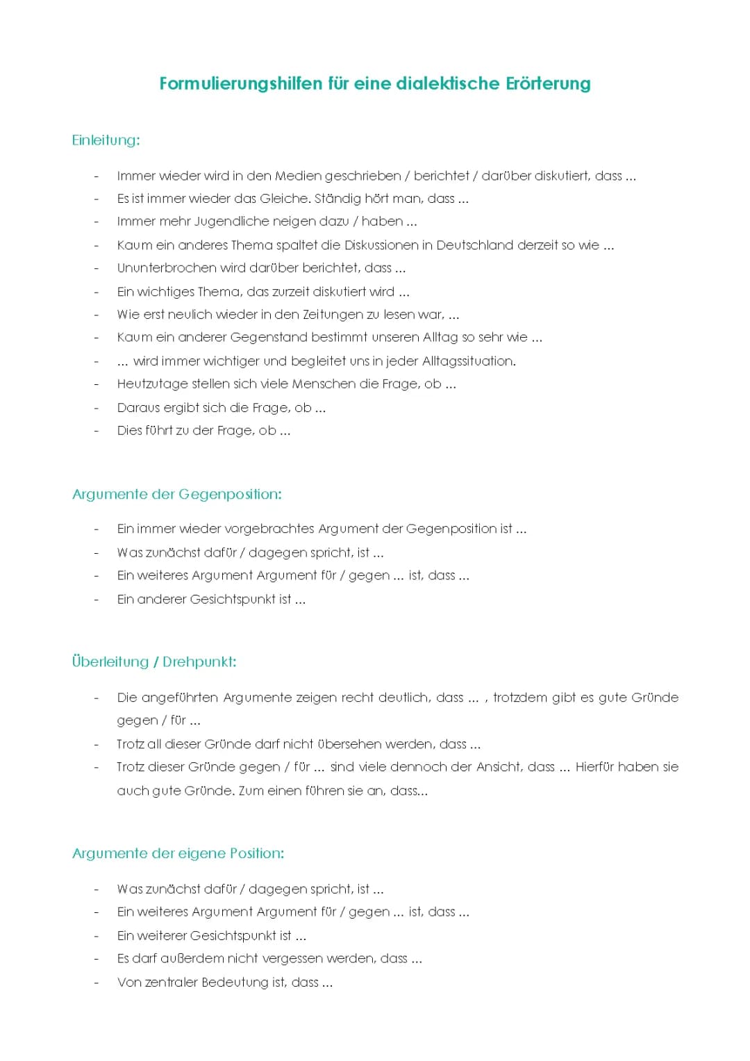 Formulierungshilfen für Erörterungen: Ein Leitfaden für die Oberstufe mit Beispielen und PDF
