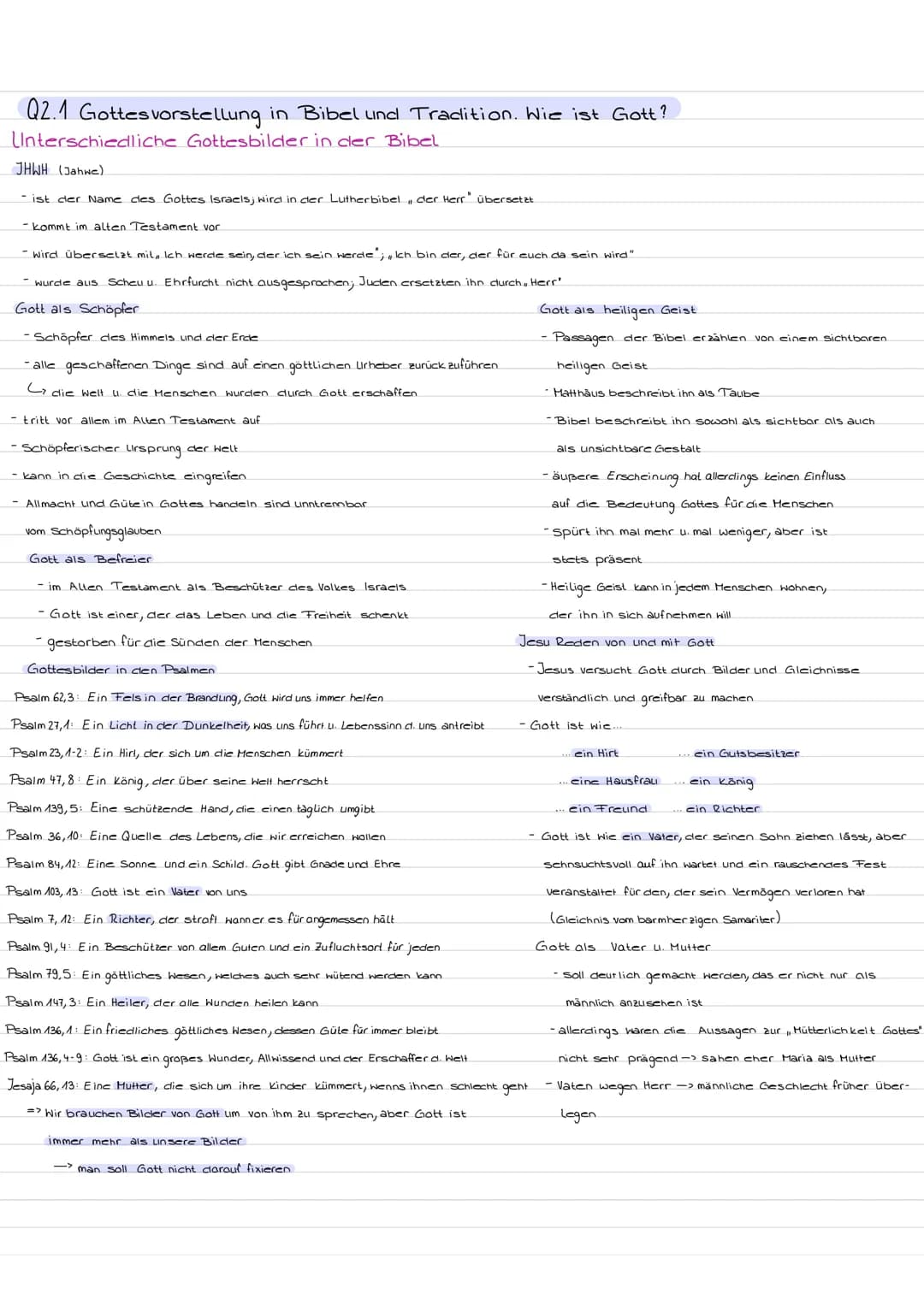 Q2.1 Gottesvorstellung in Bibel und Tradition. Wie ist Gott?
Unterschiedliche Gottesbilder in der Bibel
JHWH (Jahwe).
- ist der Name des Got