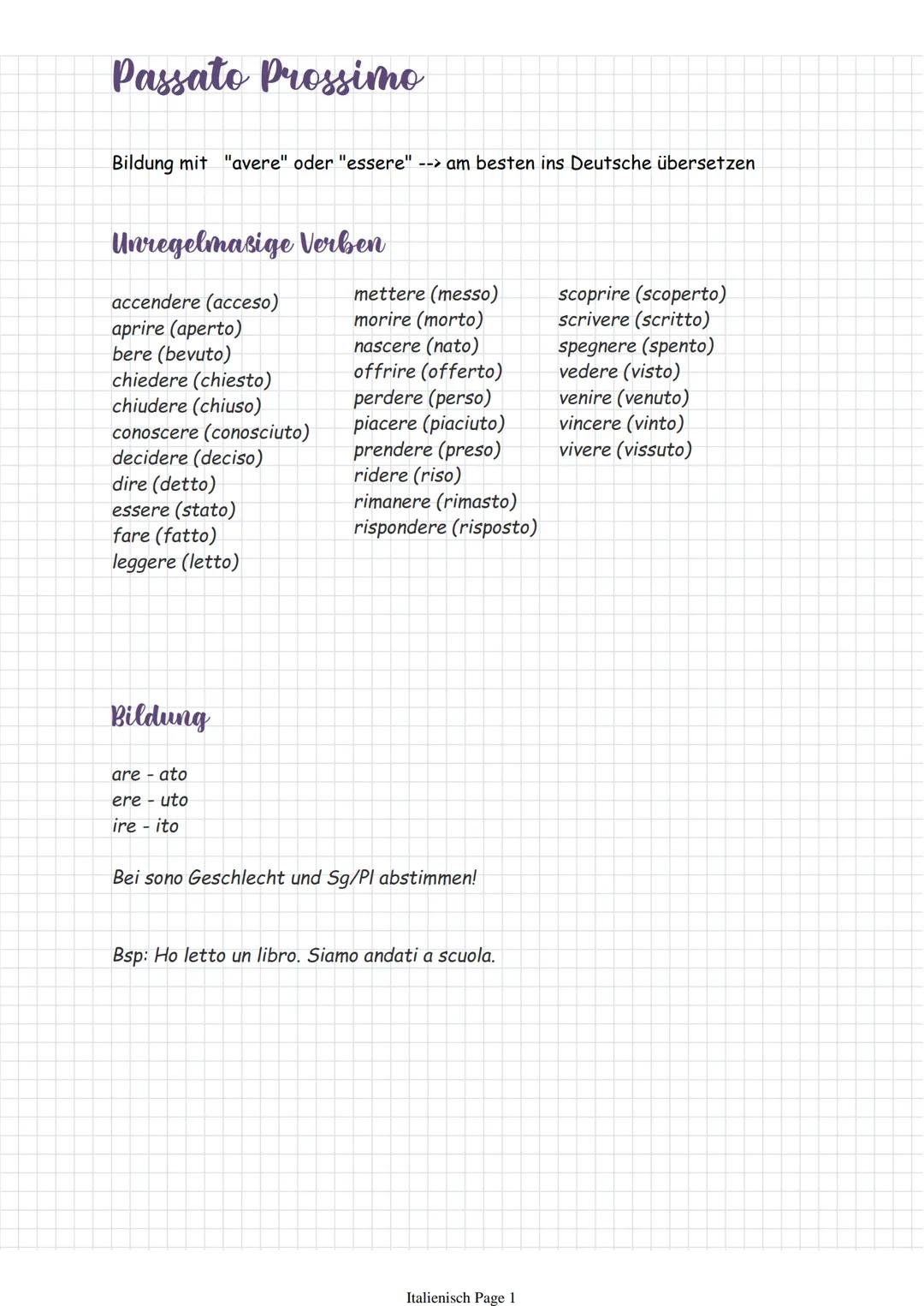 Passato Prossimo
Bildung mit "avere" oder "essere" --> am besten ins Deutsche übersetzen
Unregelmasige Verben
accendere (acceso)
aprire (ape