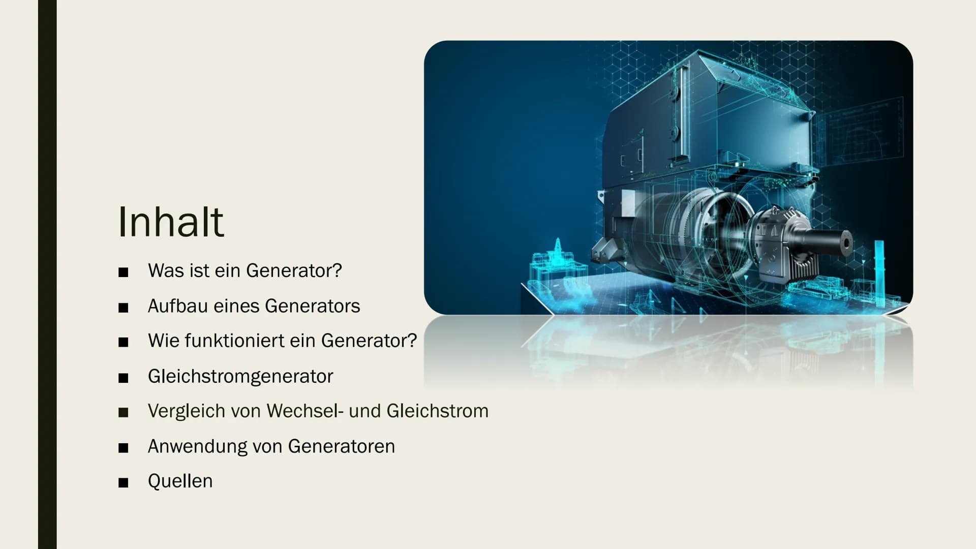 [
GENERATOR
von Malina Weih und Neele Malzer Inhalt
Was ist ein Generator?
Aufbau eines Generators
■ Wie funktioniert ein Generator?
Gleichs