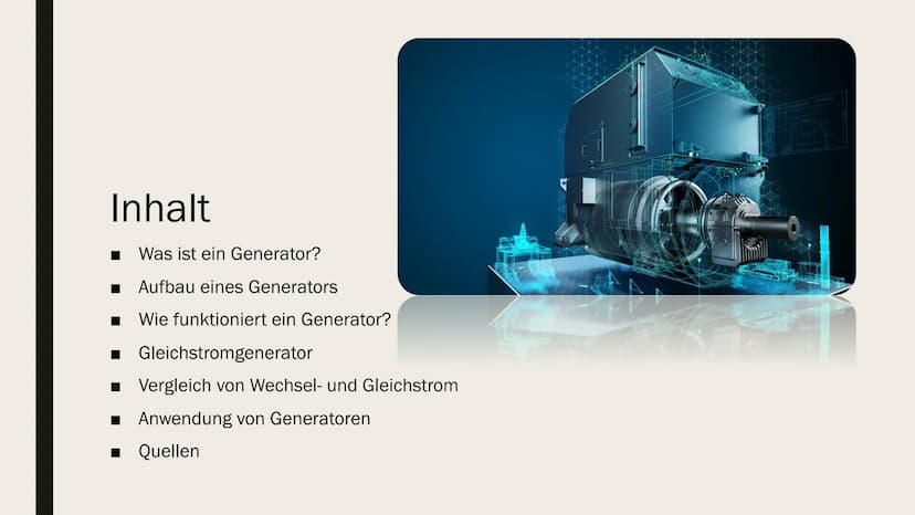 [
GENERATOR
von Malina Weih und Neele Malzer Inhalt
Was ist ein Generator?
Aufbau eines Generators
■ Wie funktioniert ein Generator?
Gleichs