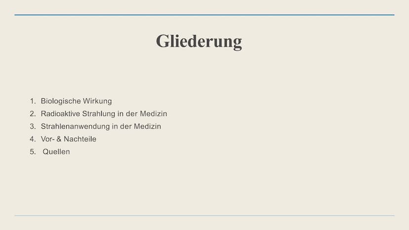 Radioaktivität
In der Medizin Gliederung
1. Biologische Wirkung
2. Radioaktive Strahlung in der Medizin
3. Strahlenanwendung in der Medizin
