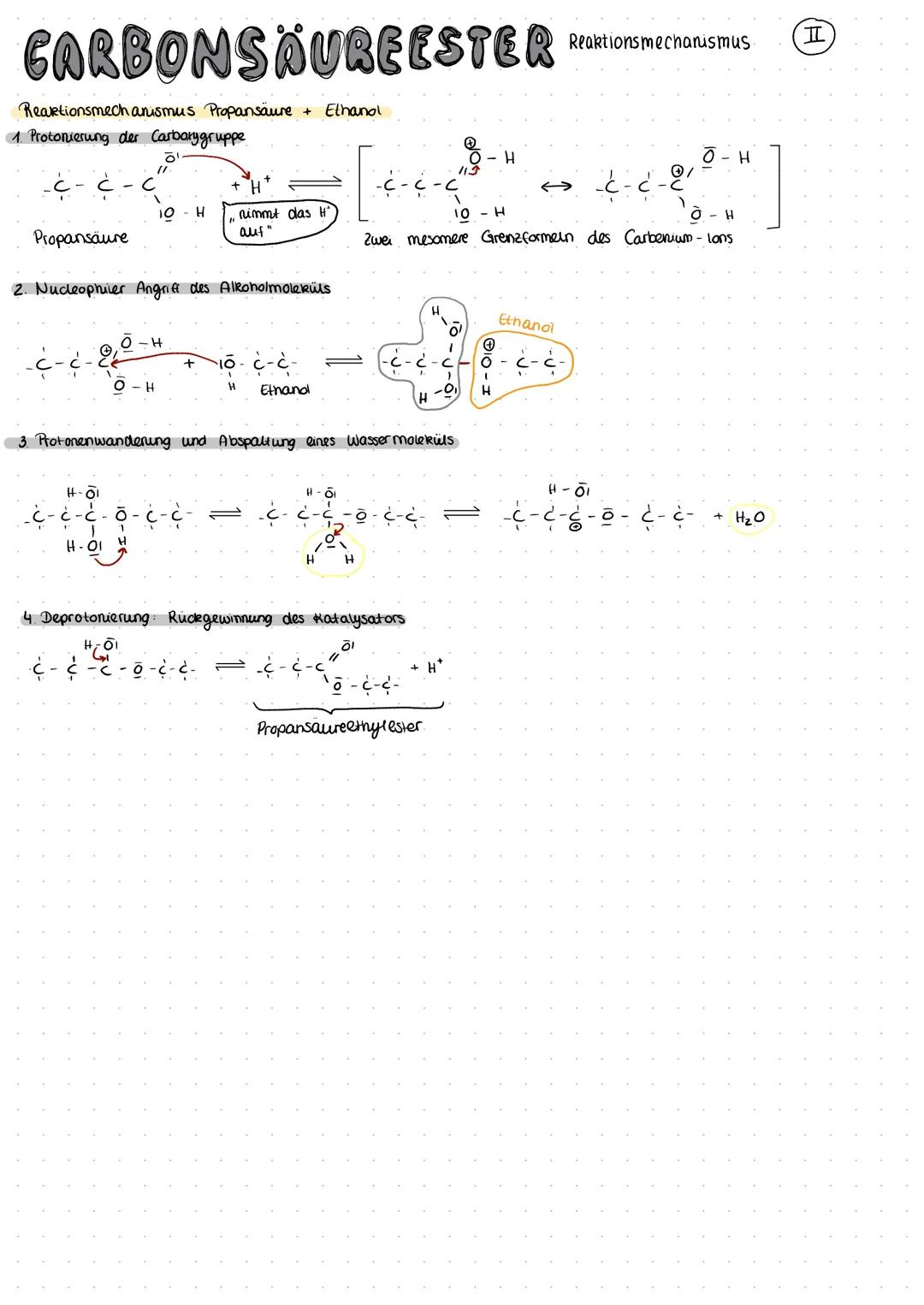 # CARBONSÄUREESTER Reaktionsmechanismus

Herstellung eines Fruchtesters
*   Butansäure wird mit Schwefelsäure als Katalysator mit Ethand erh
