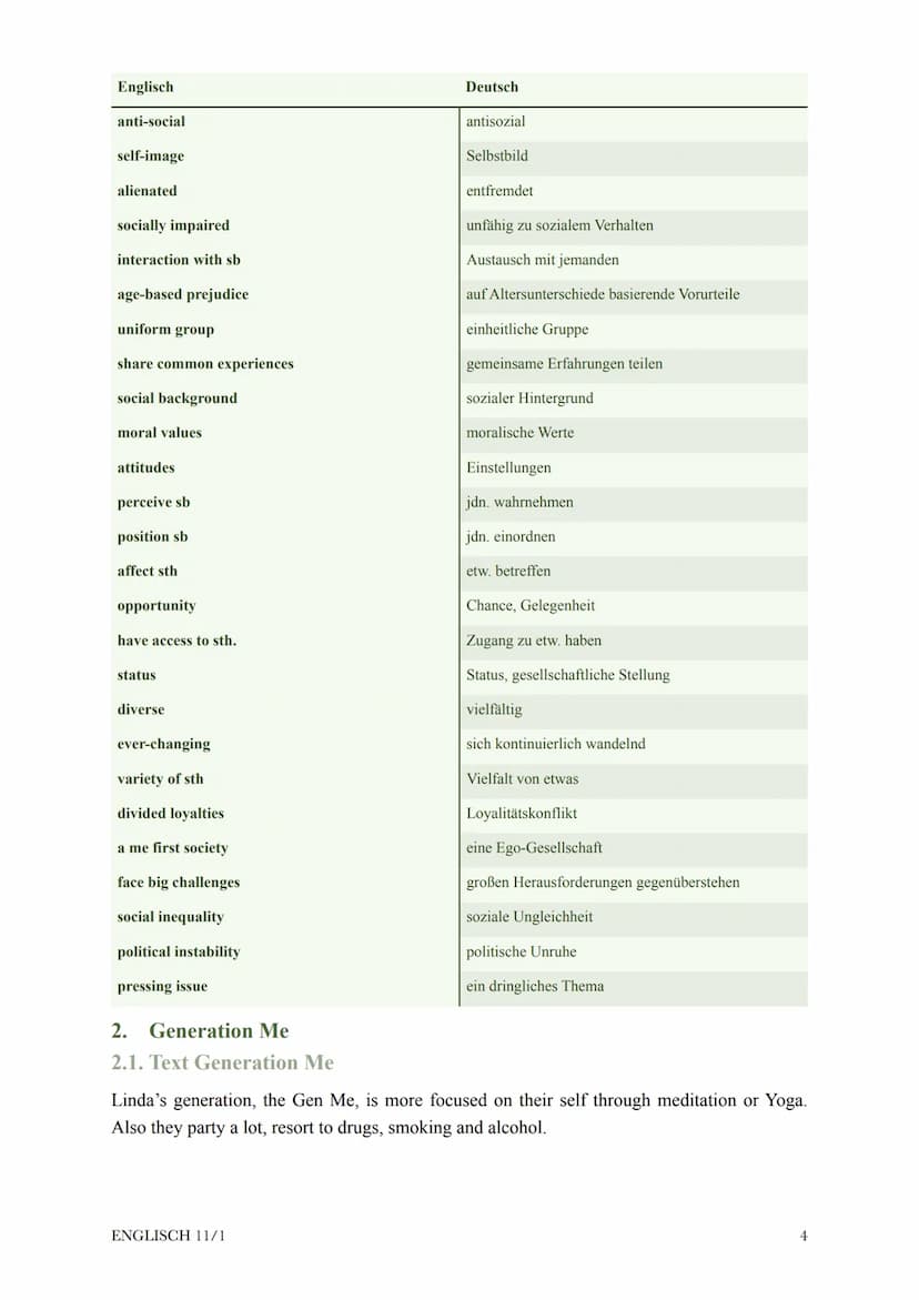 @diedamitlernzetteln
Englisch Klausur 11/1
1. The individual and society
1.1 individual
1.2. Vocabulary
2. Generation Me
2.1. Text Generatio