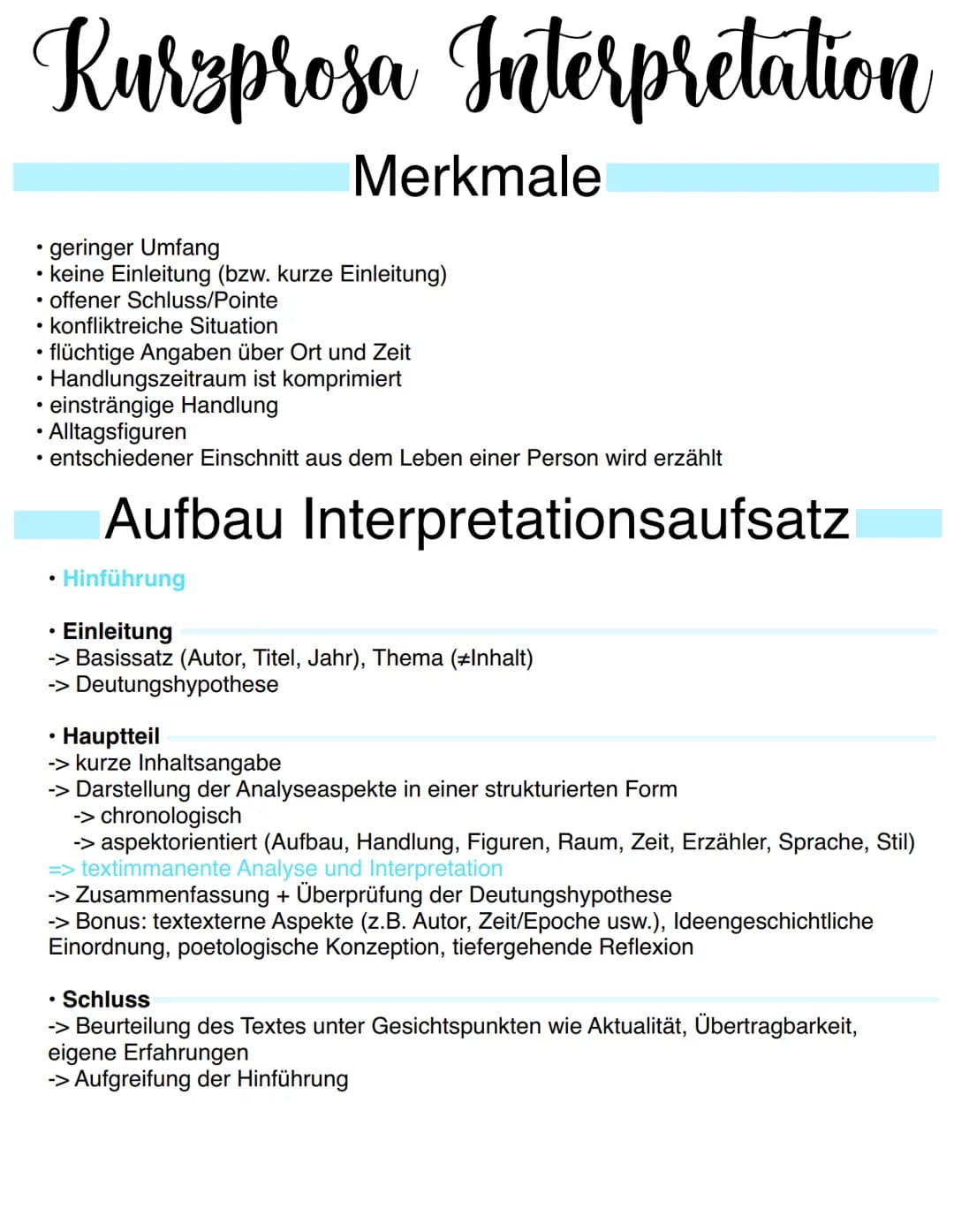 Rurzprosa Interpretation
• geringer Umfang
• keine Einleitung (bzw. kurze Einleitung)
offener Schluss/Pointe
●
Merkmale
• konfliktreiche Sit