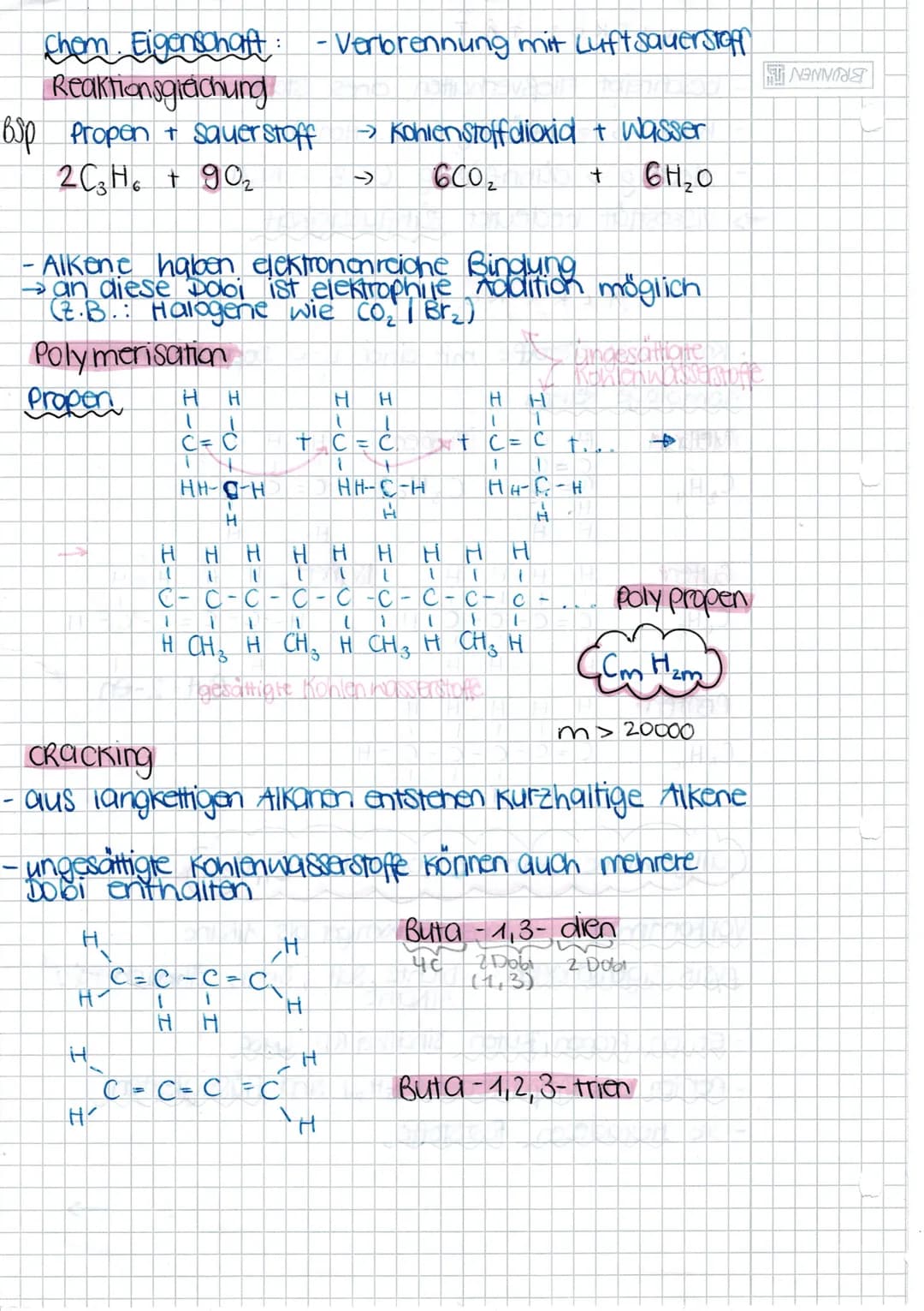 Chem. Eigenschaft: - Verbrennung mit Luft sauerstoff
Reaktionsgleichung
65p Propen + Sauerstoff → Kohlenstoff dioxid + Wasser
2 C3H6 + 90₂
→