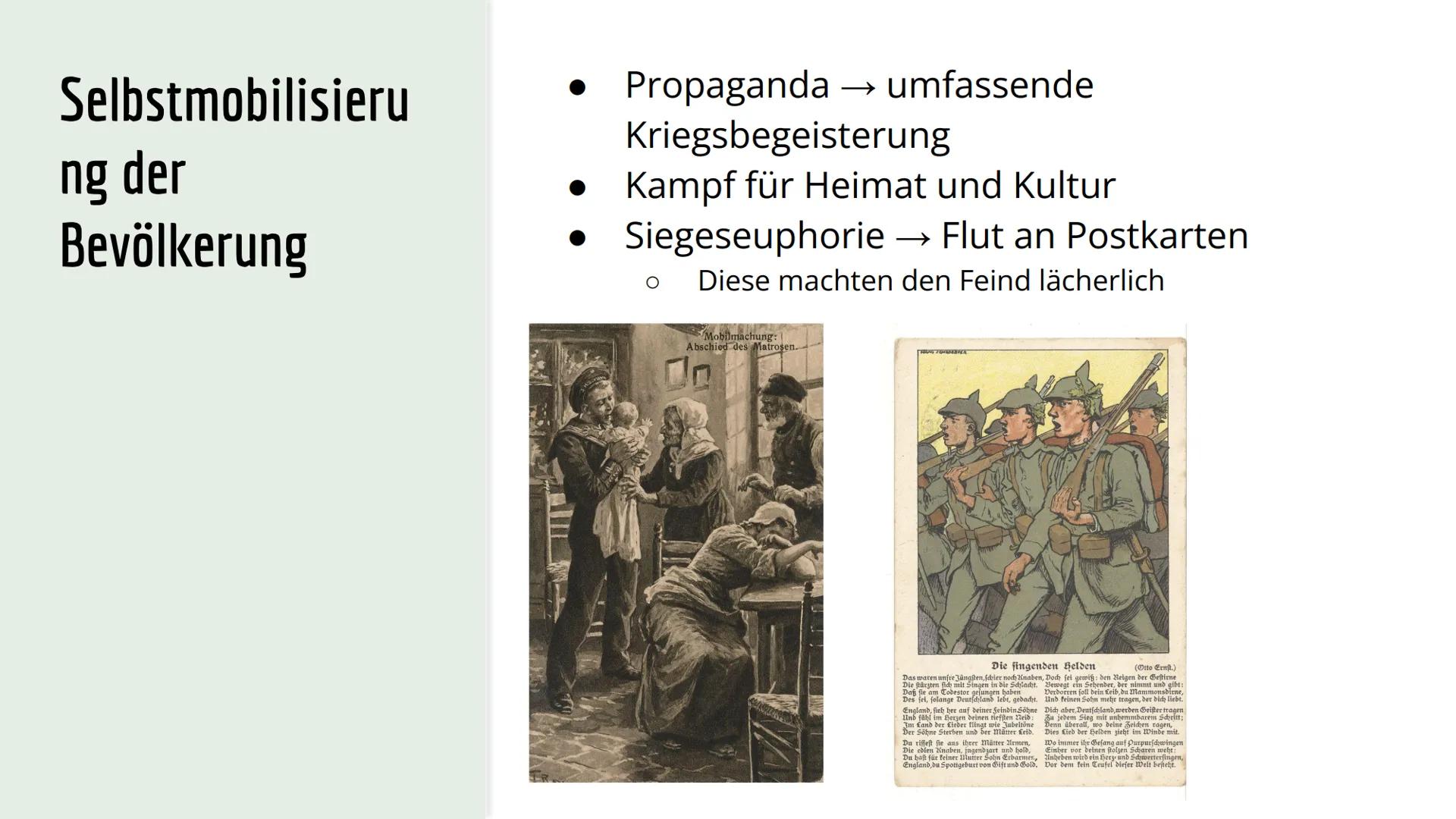 Kriegspropaganda
im
Ersten Weltkrieg
Nikola Apanowicz Geschichte GK Q1 Gliederung
Bedeutung
Formen
Ziel
Selbstmobilisierung
Beginn
Propagand