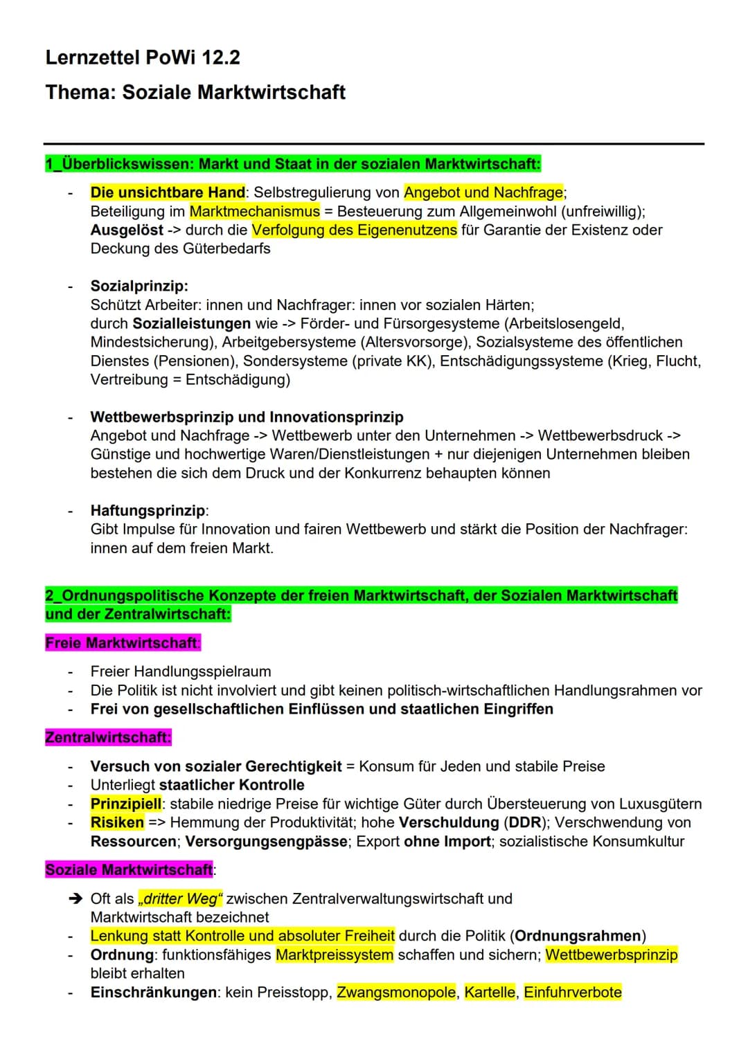 Lernzettel PoWi 12.2
Thema: Soziale Marktwirtschaft
1 Überblickswissen: Markt und Staat in der sozialen Marktwirtschaft:
Die unsichtbare Han