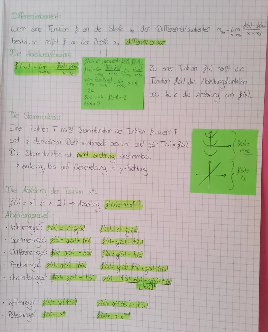 Differenzierbarkeit:
Wenn eine Funktion & an der Stelle xo den Differentialquatienter mx = um
X-7X0
differenzierbar.
besitzt, so heißt f an 