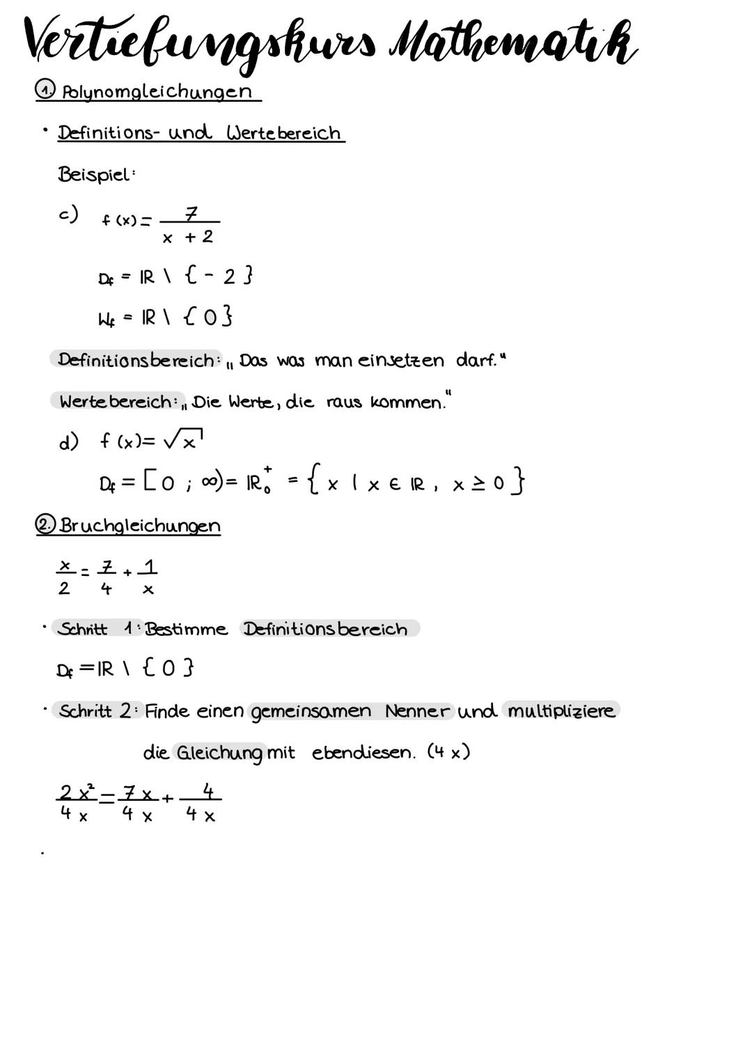 Vertiefungskurs Mathematik
Polynomgleichungen
Definition: Eine reelle Polynomgleichung ist eine Gleichung, die man auf
die Form f(x)= 0 mit 