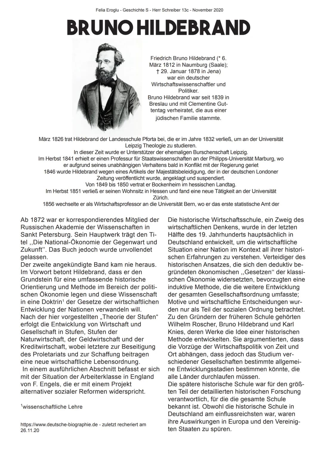 Felia Eroglu - Geschichte S - Herr Schreiber 13c - November 2020
BRUNO HILDEBRAND
März 1826 trat Hildebrand der Landesschule Pforta bei, die