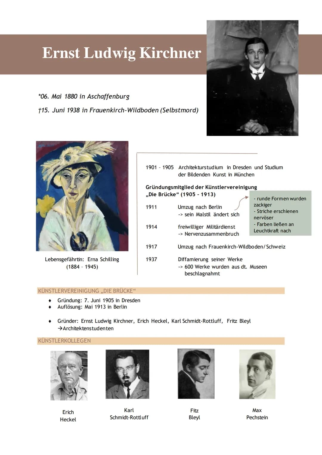 Ernst Ludwig Kirchner
*06. Mai 1880 in Aschaffenburg
†15. Juni 1938 in Frauenkirch-Wildboden (Selbstmord)
Lebensgefährtin: Erna Schilling
(1