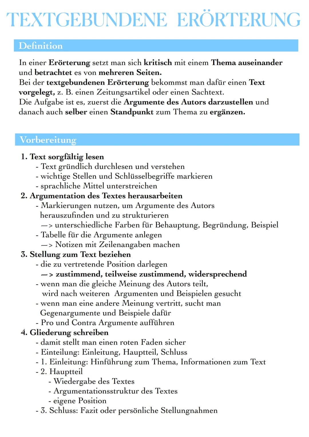 TEXTGEBUNDENE ERÖRTERUNG
Definition
In einer Erörterung setzt man sich kritisch mit einem Thema auseinander
und betrachtet es von mehreren S