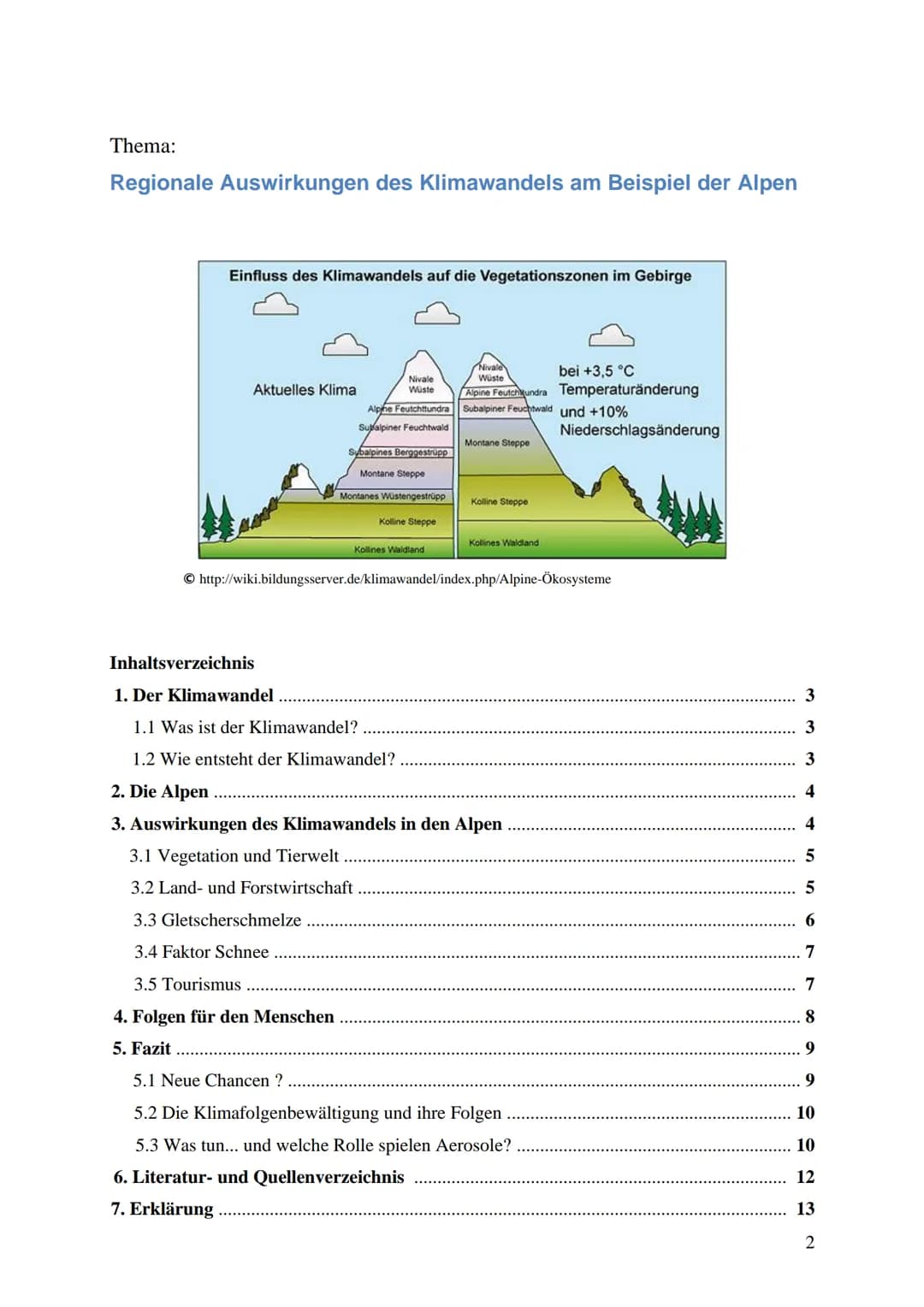 Thema der Arbeit: Regionale Auswirkungen des Klimawandels
am Beispiel der Alpen
Einfluss des Klimawandels auf die Vegetationszonen im Gebirg