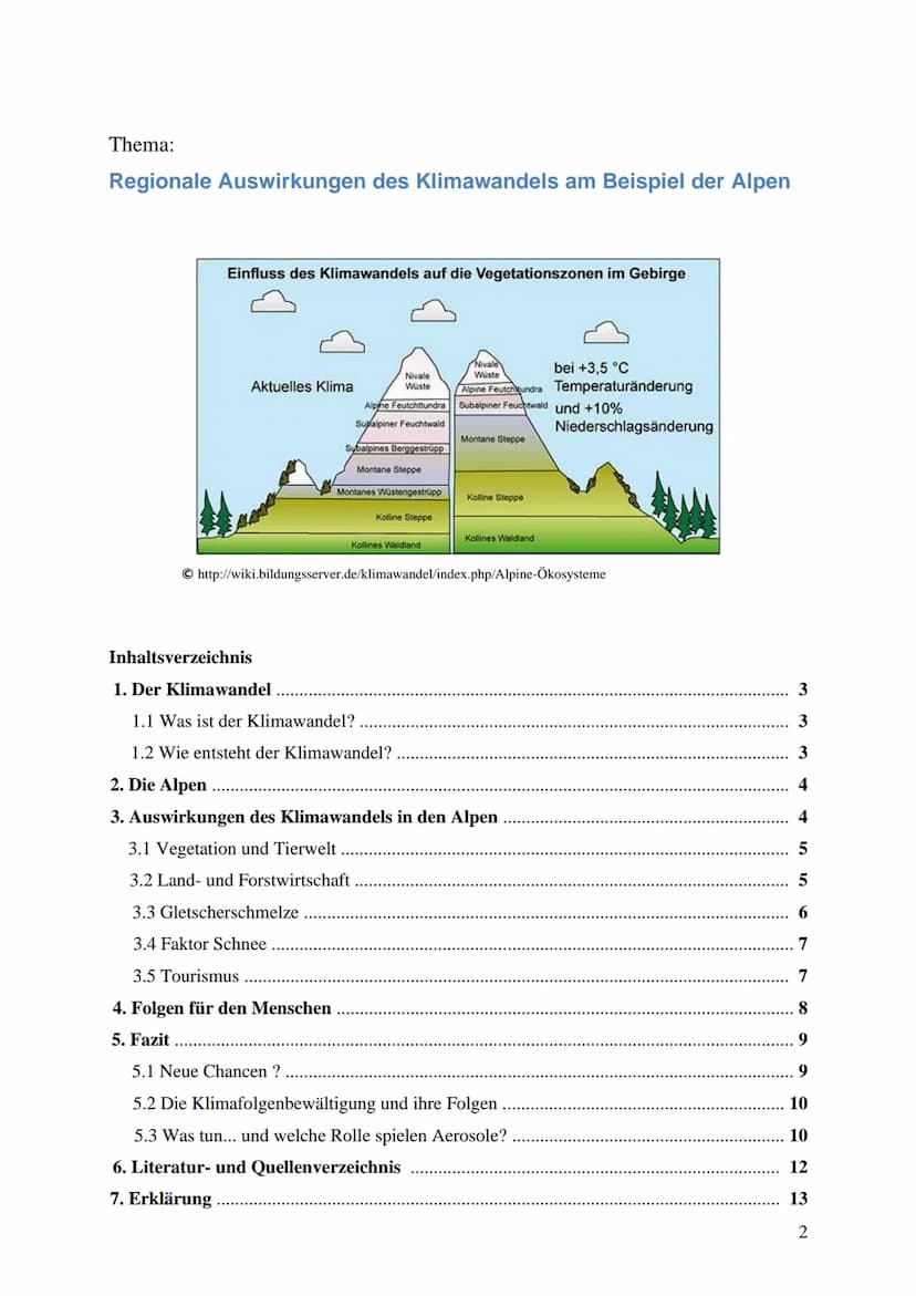 Thema der Arbeit: Regionale Auswirkungen des Klimawandels
am Beispiel der Alpen
Einfluss des Klimawandels auf die Vegetationszonen im Gebirg