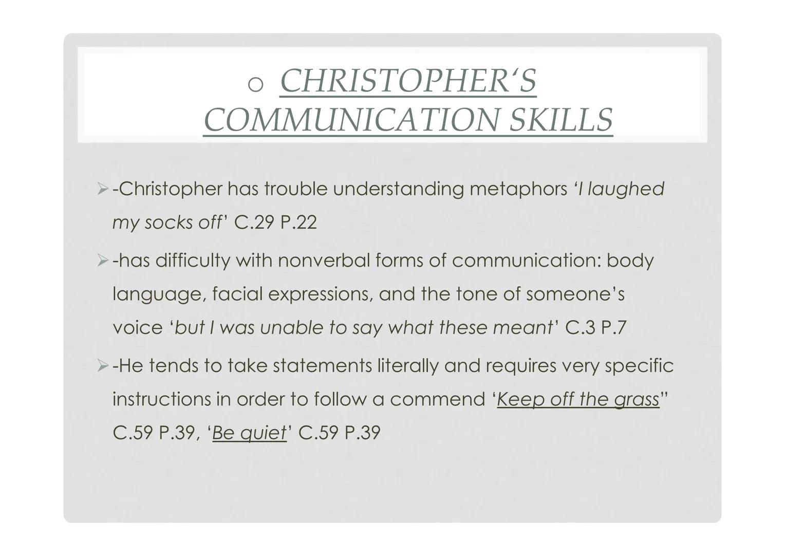 # CHRISTOPHER FRANCIS

# BOONE

A CHARACTER PORTRAYAL CHRISTOPHER BOONE'S

Likes
- Animals
- Maths
- Explanations/ Precise-instructions
- Sc