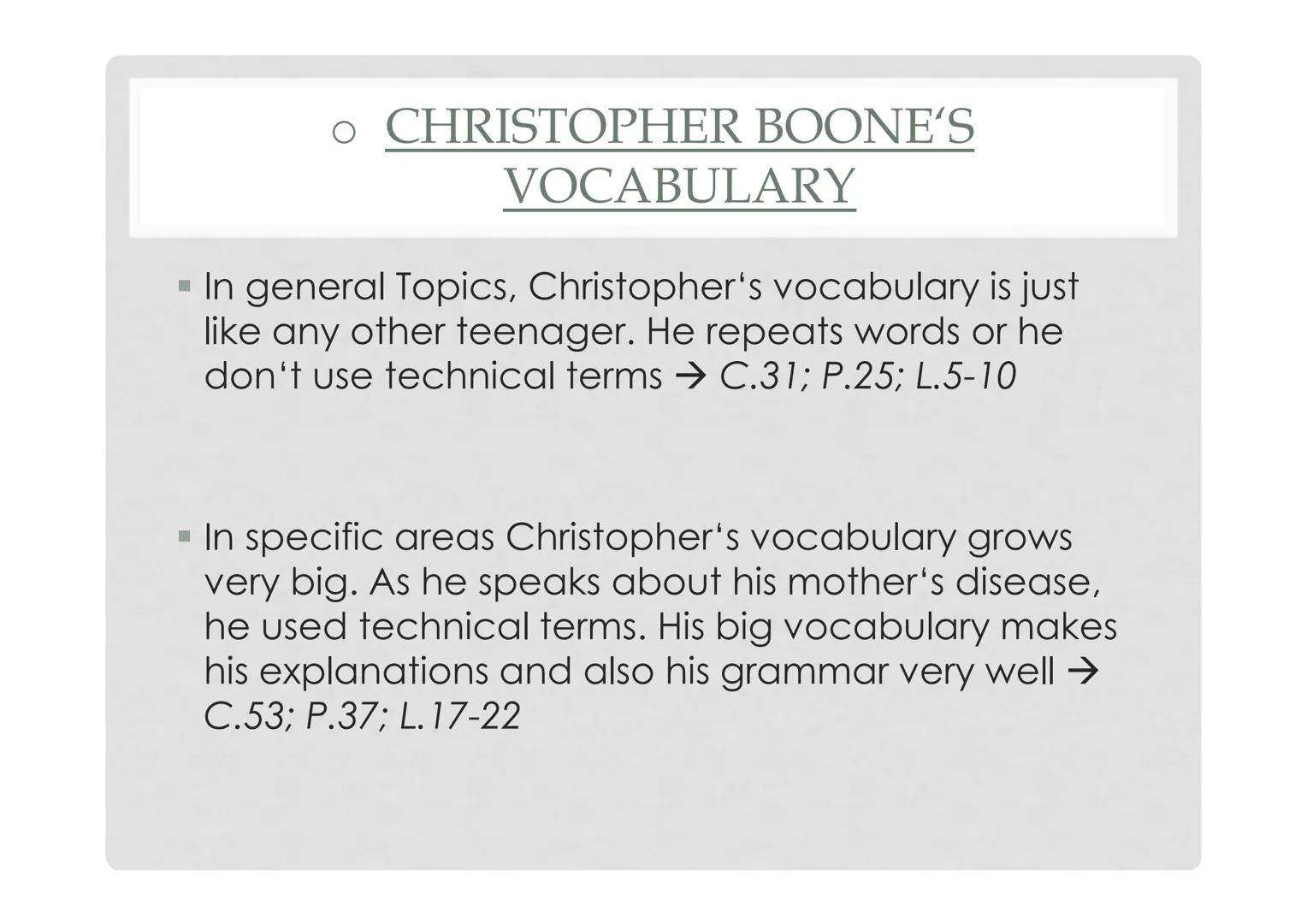 # CHRISTOPHER FRANCIS

# BOONE

A CHARACTER PORTRAYAL CHRISTOPHER BOONE'S

Likes
- Animals
- Maths
- Explanations/ Precise-instructions
- Sc