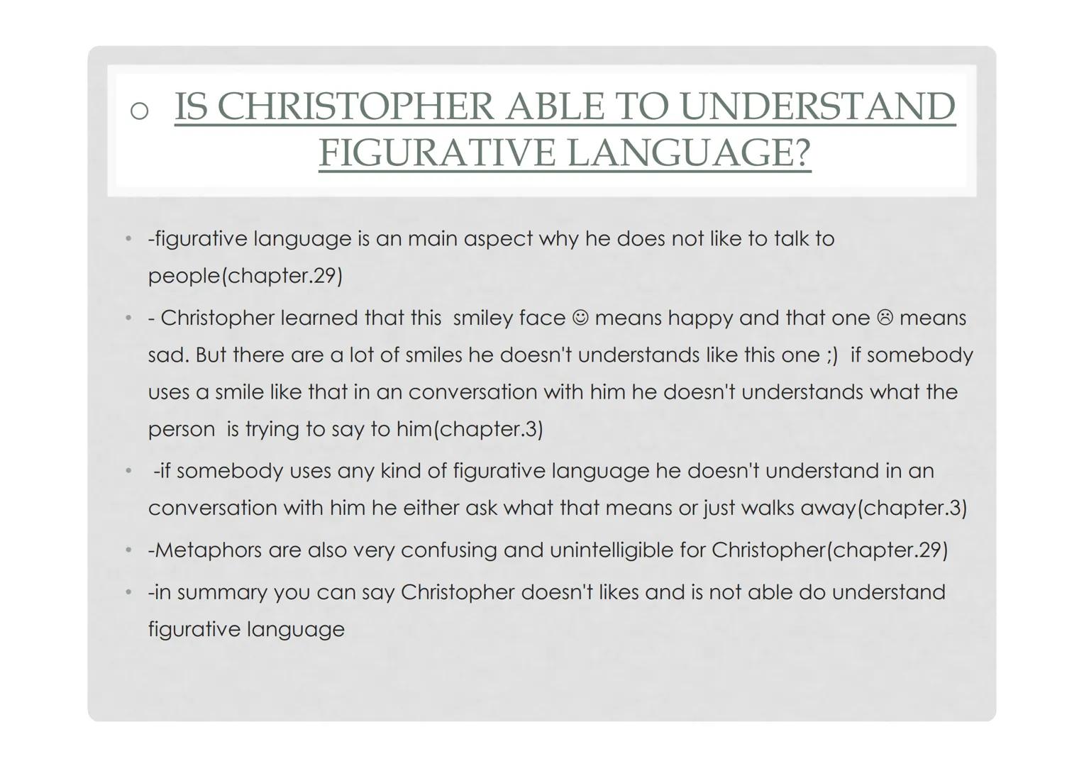 # CHRISTOPHER FRANCIS

# BOONE

A CHARACTER PORTRAYAL CHRISTOPHER BOONE'S

Likes
- Animals
- Maths
- Explanations/ Precise-instructions
- Sc