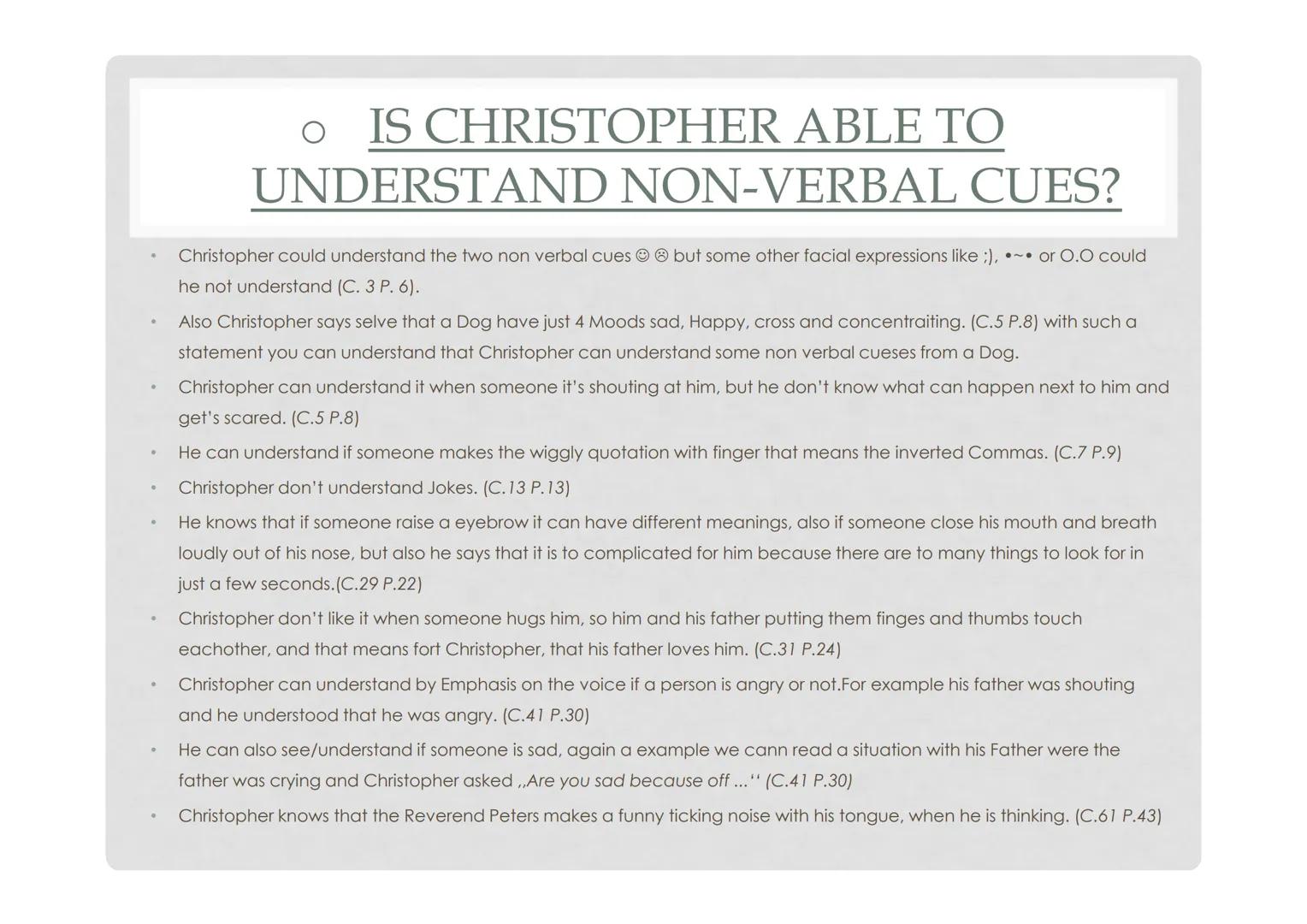 # CHRISTOPHER FRANCIS

# BOONE

A CHARACTER PORTRAYAL CHRISTOPHER BOONE'S

Likes
- Animals
- Maths
- Explanations/ Precise-instructions
- Sc
