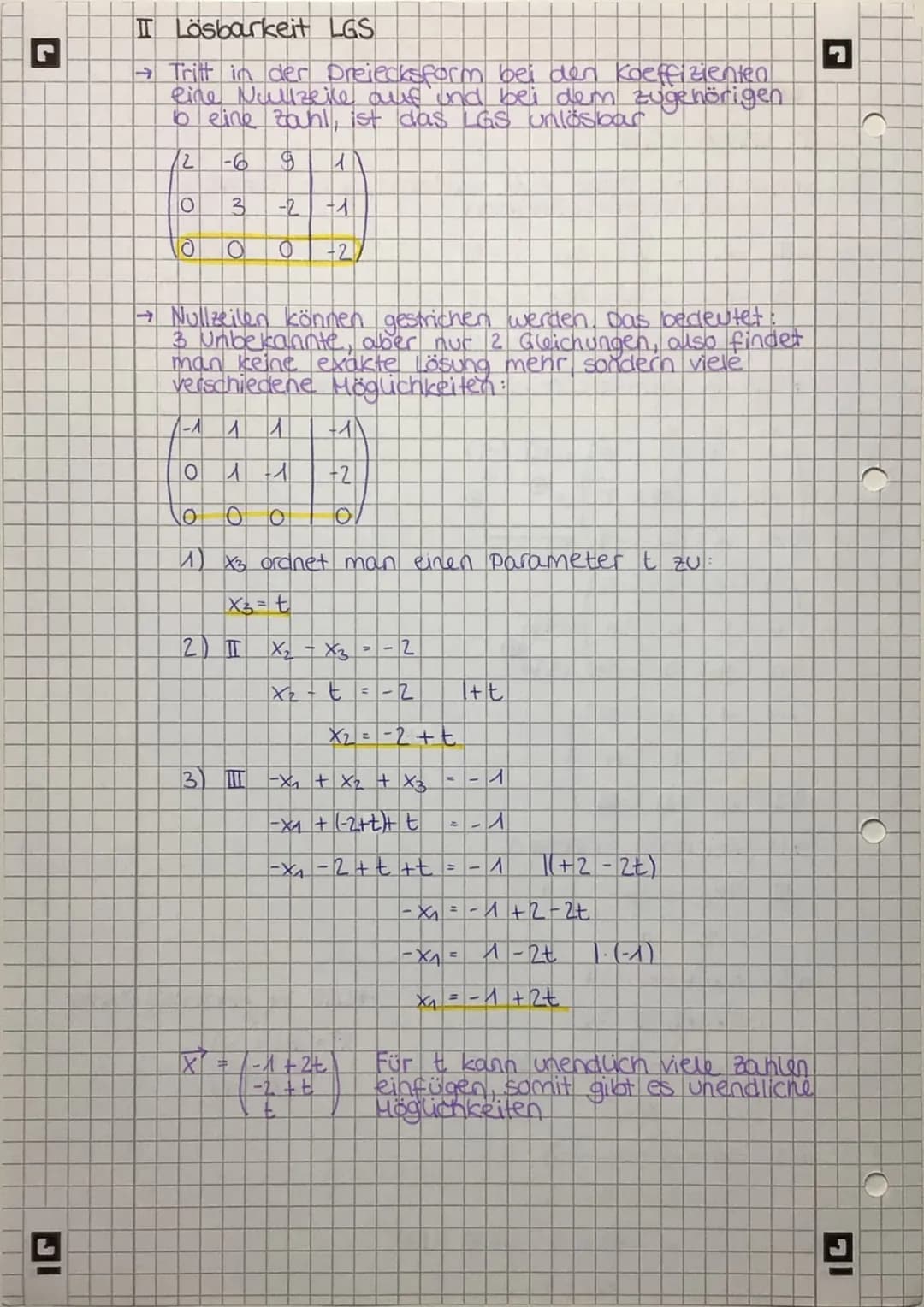 C
C
)
L
Matrizen
I Lösen LGS
→ Zahlen und Terme evtl. sortieren, selbe Terme
untereinander schreiben
-2x = -3
7x₂ 18x3 = -2
5X₁
+ X₂ + 6 x3 