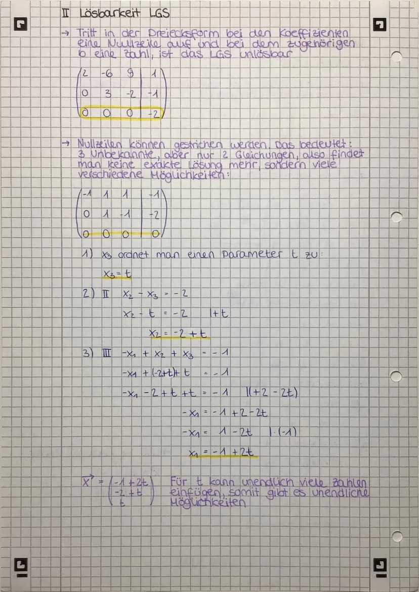 C
C
)
L
Matrizen
I Lösen LGS
→ Zahlen und Terme evtl. sortieren, selbe Terme
untereinander schreiben
-2x = -3
7x₂ 18x3 = -2
5X₁
+ X₂ + 6 x3 