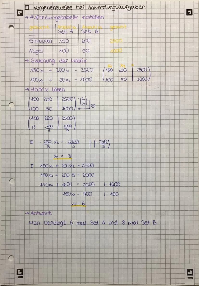 C
C
)
L
Matrizen
I Lösen LGS
→ Zahlen und Terme evtl. sortieren, selbe Terme
untereinander schreiben
-2x = -3
7x₂ 18x3 = -2
5X₁
+ X₂ + 6 x3 