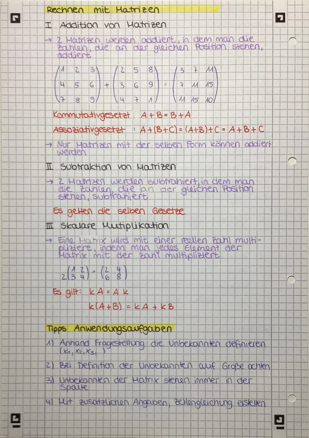 C
C
)
L
Matrizen
I Lösen LGS
→ Zahlen und Terme evtl. sortieren, selbe Terme
untereinander schreiben
-2x = -3
7x₂ 18x3 = -2
5X₁
+ X₂ + 6 x3 