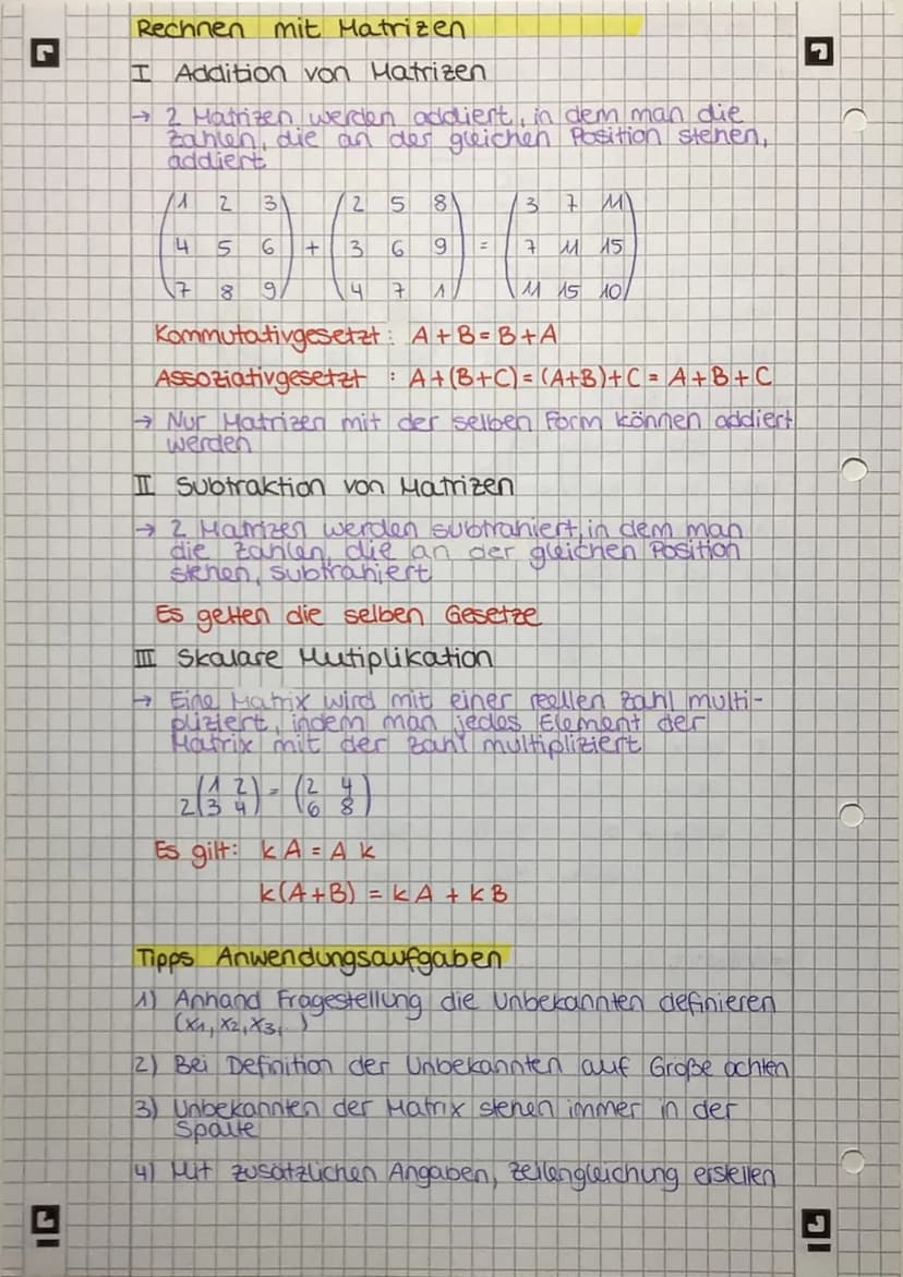 C
C
)
L
Matrizen
I Lösen LGS
→ Zahlen und Terme evtl. sortieren, selbe Terme
untereinander schreiben
-2x = -3
7x₂ 18x3 = -2
5X₁
+ X₂ + 6 x3 