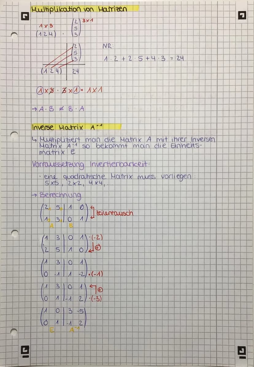C
C
)
L
Matrizen
I Lösen LGS
→ Zahlen und Terme evtl. sortieren, selbe Terme
untereinander schreiben
-2x = -3
7x₂ 18x3 = -2
5X₁
+ X₂ + 6 x3 