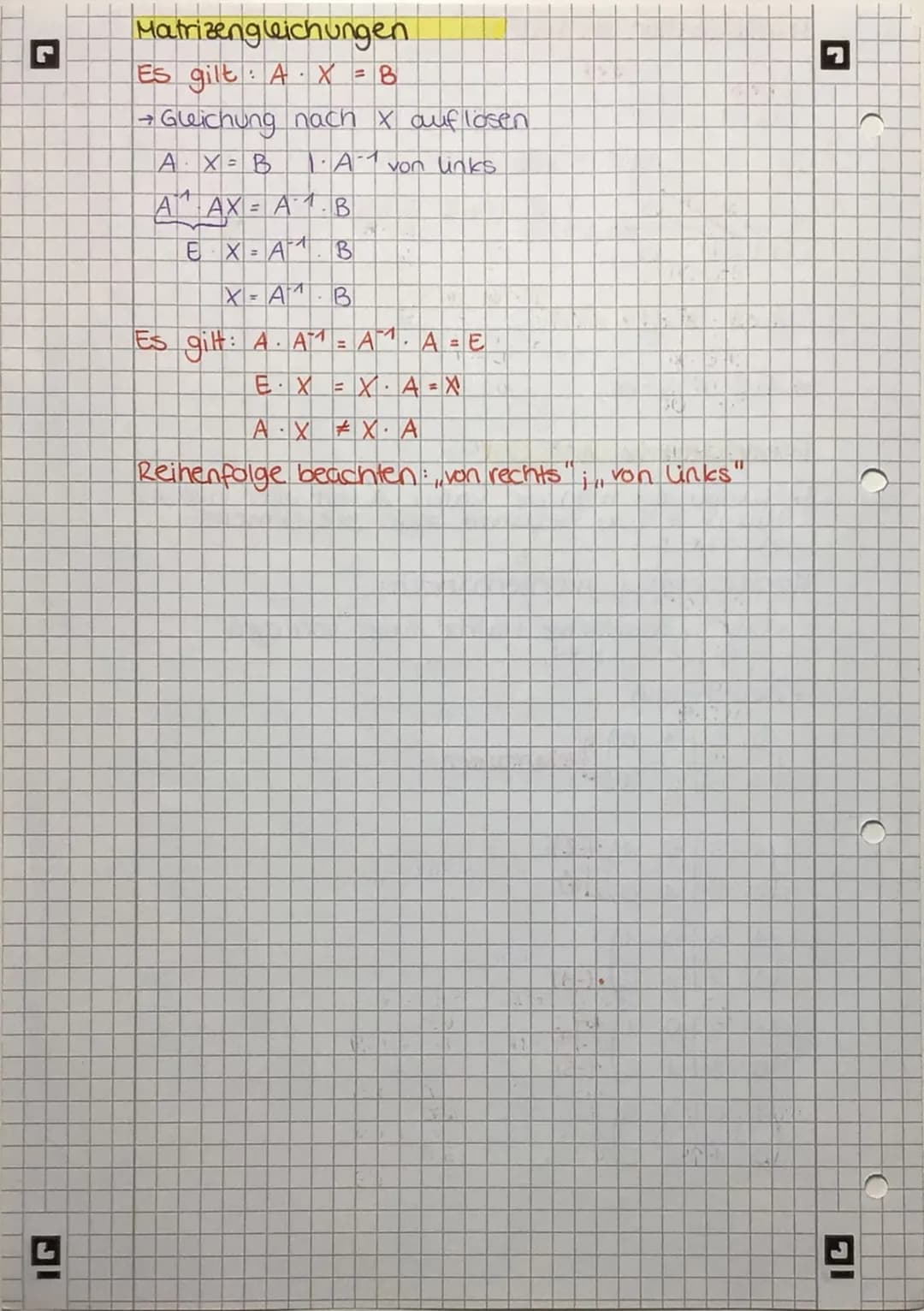 C
C
)
L
Matrizen
I Lösen LGS
→ Zahlen und Terme evtl. sortieren, selbe Terme
untereinander schreiben
-2x = -3
7x₂ 18x3 = -2
5X₁
+ X₂ + 6 x3 