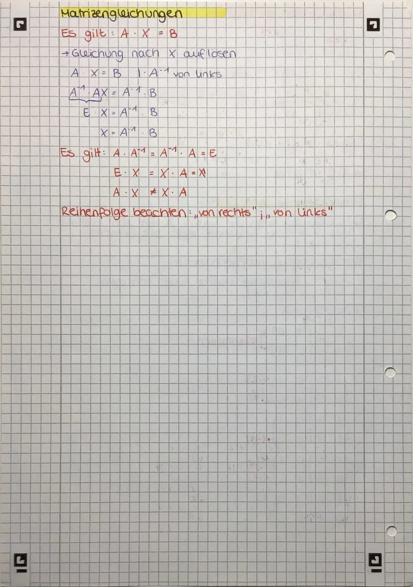 C
C
)
L
Matrizen
I Lösen LGS
→ Zahlen und Terme evtl. sortieren, selbe Terme
untereinander schreiben
-2x = -3
7x₂ 18x3 = -2
5X₁
+ X₂ + 6 x3 