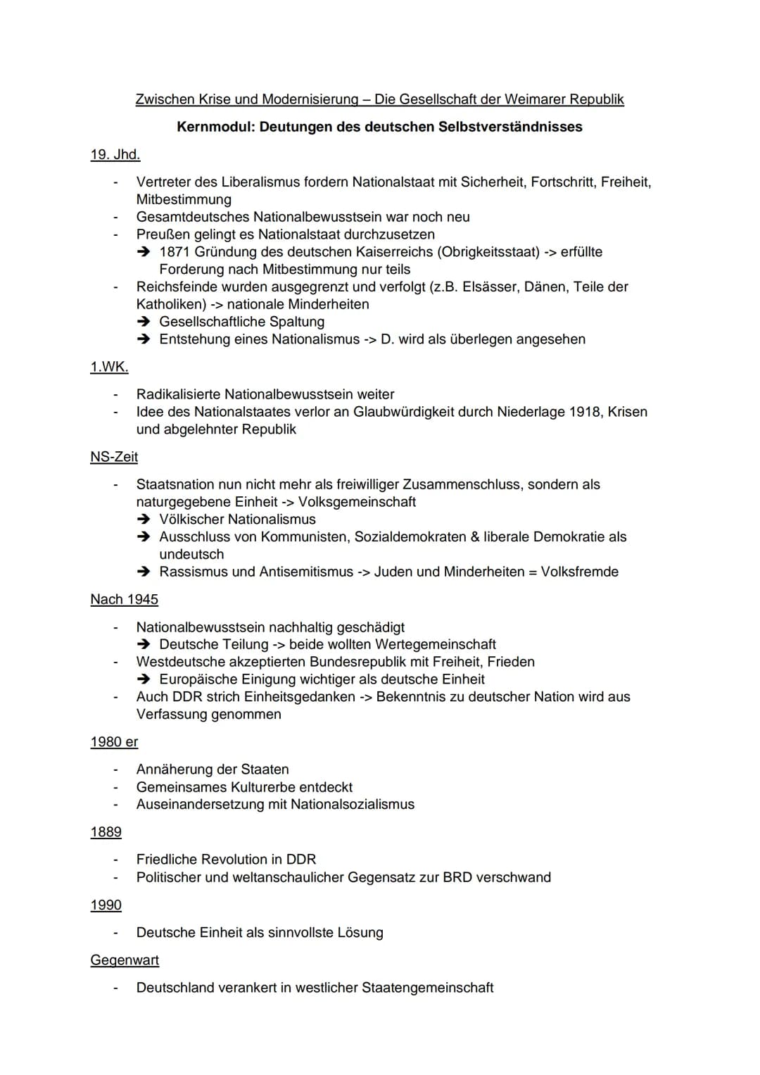 19. Jhd.
1.WK.
Zwischen Krise und Modernisierung - Die Gesellschaft der Weimarer Republik
Kernmodul: Deutungen des deutschen Selbstverständn