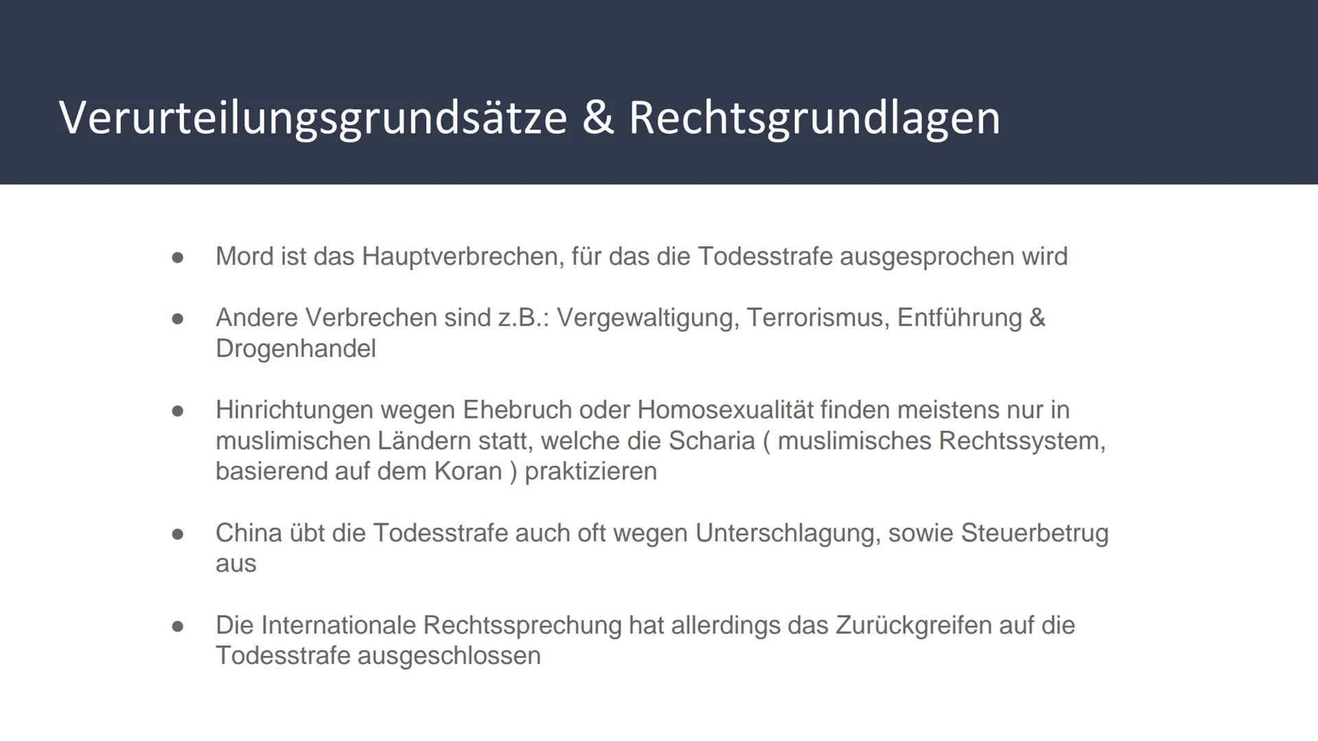 Die Todesstrafe Inhaltsverzeichnis
1. Definition
2. Geschichte
3. Verbreitung
4. Verurteilungsgrundsätze & Rechtsgrundlagen
5. Pro & Contra 