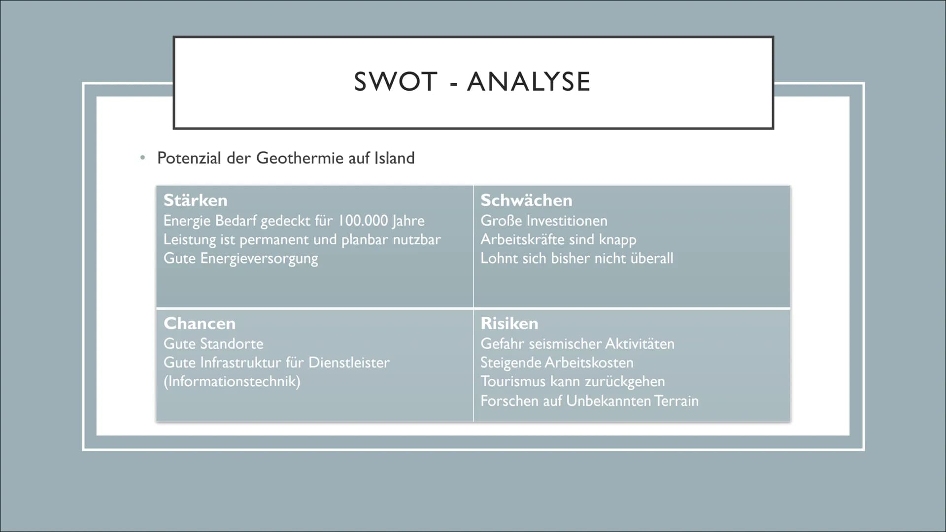 GEOTHERMIE - ISLAND
Von Victoria Voigt GLIEDERUNG
Allgemein
Vorraussetzungen
Nutzungsformen
Potenzialanalyse
Quellen ●
●
ALLGEMEIN
Geothermi