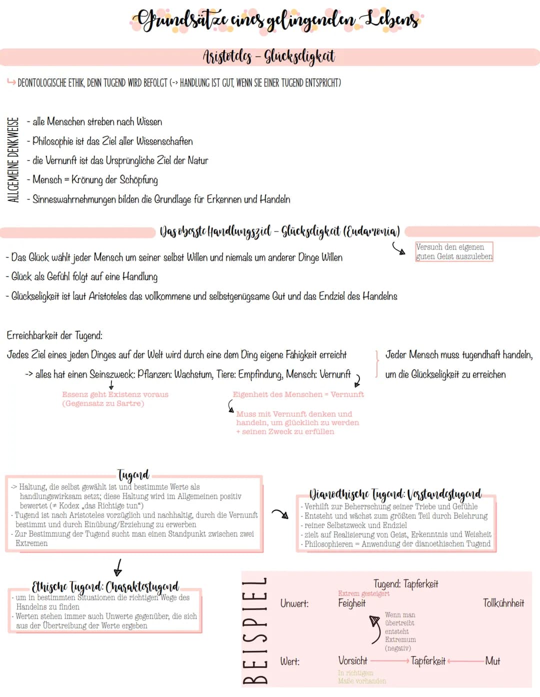 Grundsätze eines gelingenden Lebens
Aristoteles - Glückseligkeit
→DEONTOLOGISCHE ETHIK, DENN TUGEND WIRD BEFOLGT (->HANDLUNG IST GUT, WENN S