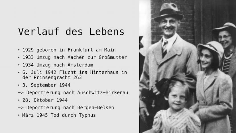 Anna Frank
Von Martina. V und Sara. R Gliederung
Biografie
●
• Familie
●
●
●
Lebensverlauf
Auswanderung in die
Niederlande
• Hinterhaus
●
He