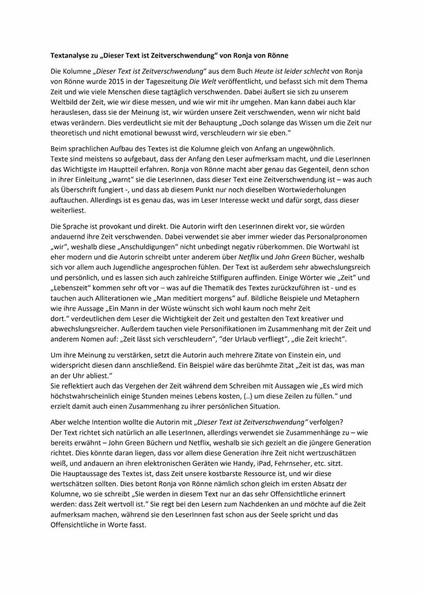 Textanalyse zu ,,Dieser Text ist Zeitverschwendung" von Ronja von Rönne
Die Kolumne ,,Dieser Text ist Zeitverschwendung" aus dem Buch Heute 