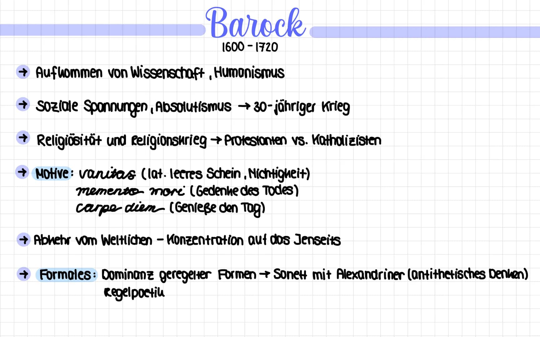 Barock
1600-1720
→ Aufkommen von Wissenschaft, Humonismus
++
→ Soziale Sponnungen, Absolutismus →30-jähriger Krieg
→ Religiösität und Religi