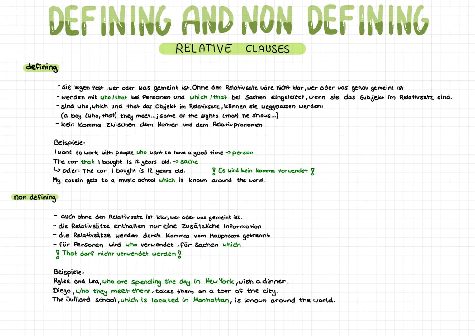 DEFINING AND NON DEFINING
RELATIVE CLAUSES
defining
- sie legen fest, wer oder was gemeint ist. Ohne den Relativsatz wäre nicht klar, wer od