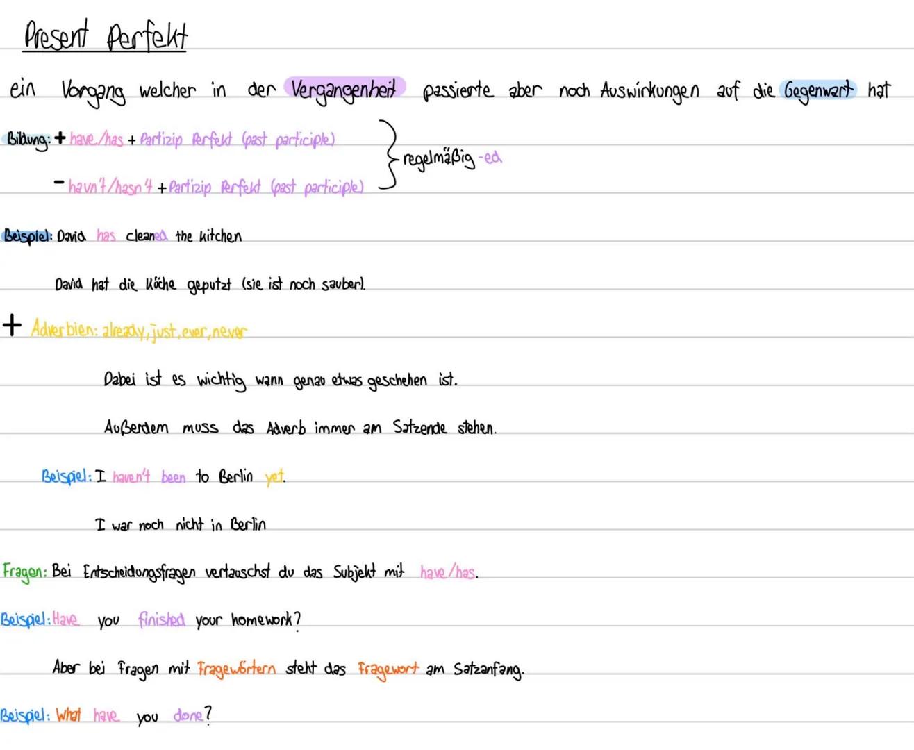 Present Perfekt
ein Vorgang welcher in der Vergangenheit passierte aber noch Auswirkungen auf die Gegenwart hat
Bildung: + have/has + Partiz