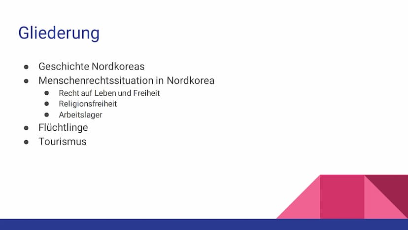 Gliederung:
Karikatur
Überleitung
● Geschichte
• Überleitung
●
Menschenrechtssituation in Nordkorea
O Recht auf Leben und Freiheit
O Religio