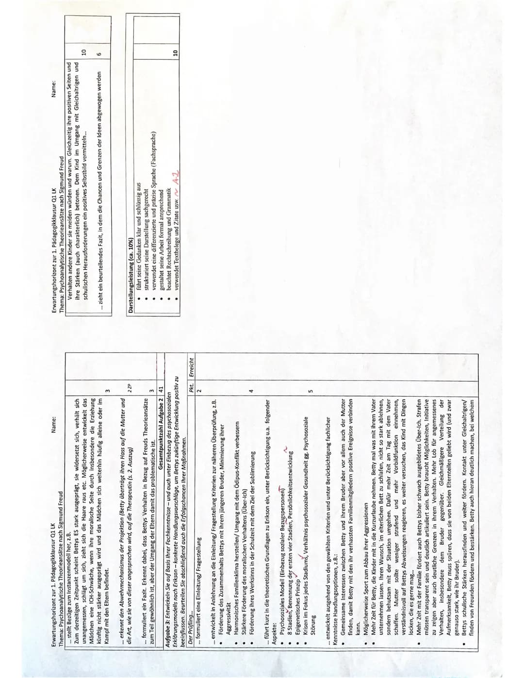 1. Klausur-Leistungskurs
Aufgabenstellung:
Thema: Pädagogisches Denken und Handeln auf der Grundlage psychoanalytischer
Theorieansätze nach 
