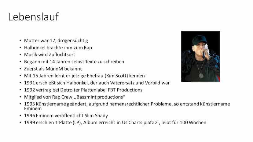 Eminem
5x Inhaltsverzeichnis
●
●
●
●
●
●
●
Steckbrief
Lebenslauf
Alben
Liedfakten
Lyrics
Songanalyse
Unsere Meinung
Quellen
Ende Steckbrief
