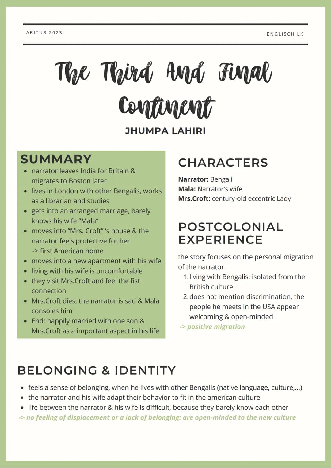 ENGLISCH
ABITUR
2023 ABITUR 2023
short stories
SHORT STORIES
• "The Third and Final Continent" - Jhumpa Lahiri
• "Loose Change" - Andrea Lev