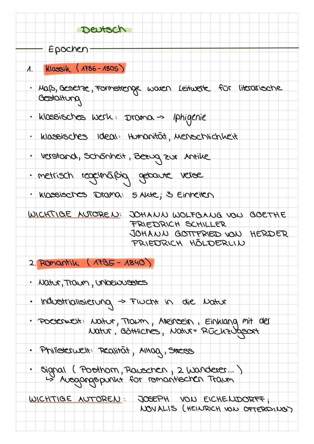 # Deutsch

- Epochen

1. Klassik (1786-1805)

- Maß, Gesetze, Formstrenge waren Leitwerte für literarische
Gestaltung

- klassisches werk: D