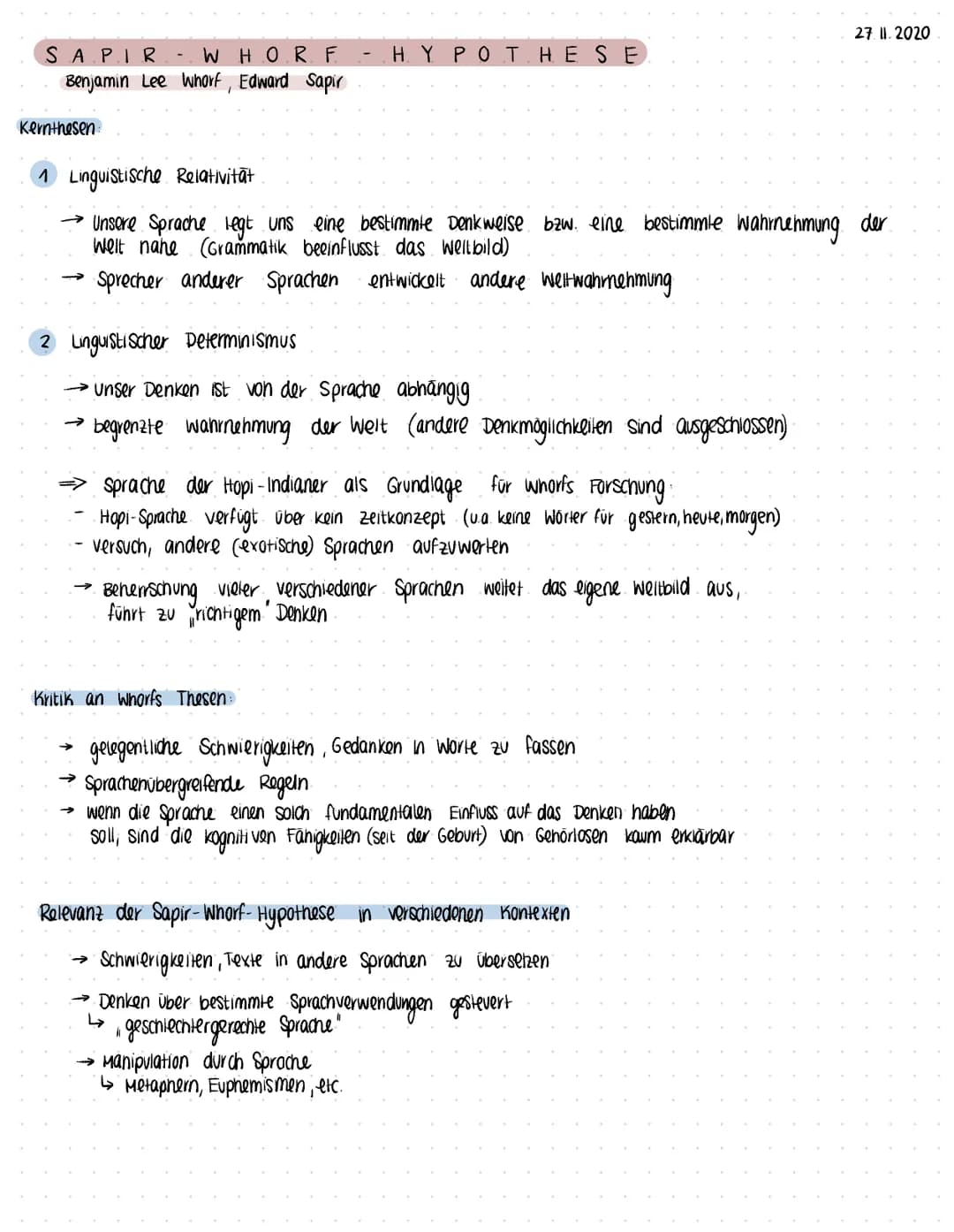 SAPIR WHOR F
Benjamin Lee Whorf, Edward Sapir
Kernthesen:
1 Linguistische Relativitāt
Unsere Sprache legt uns eine bestimmte Denkweise bzw. 
