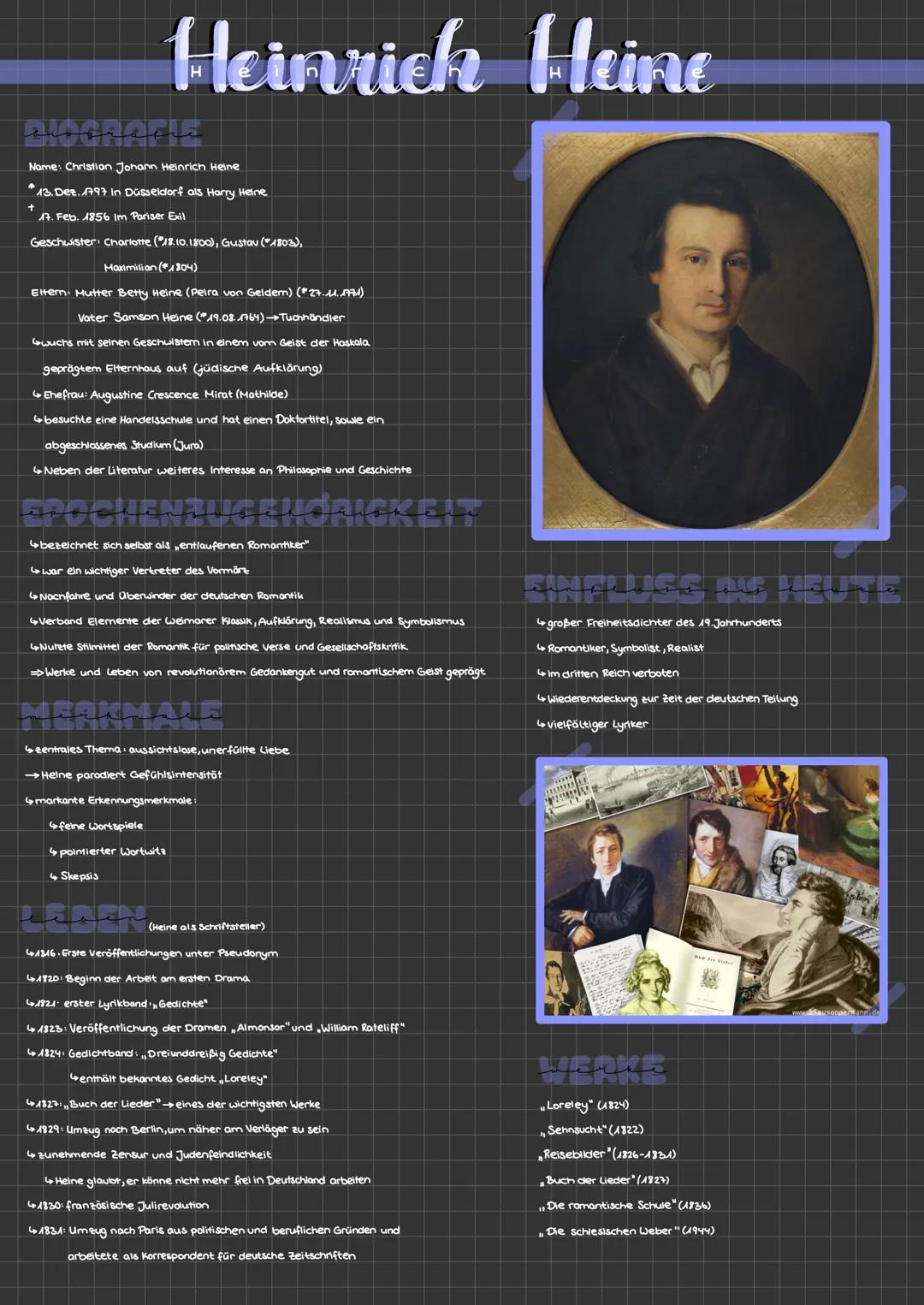 # Heinrich Heine

Nome: Christion Johann Heinrich Heine

13. Dee. 1797 In Düsseldorf als Harry Heine

17. Feb. 1856 Im Pariser Exil

Geschwi
