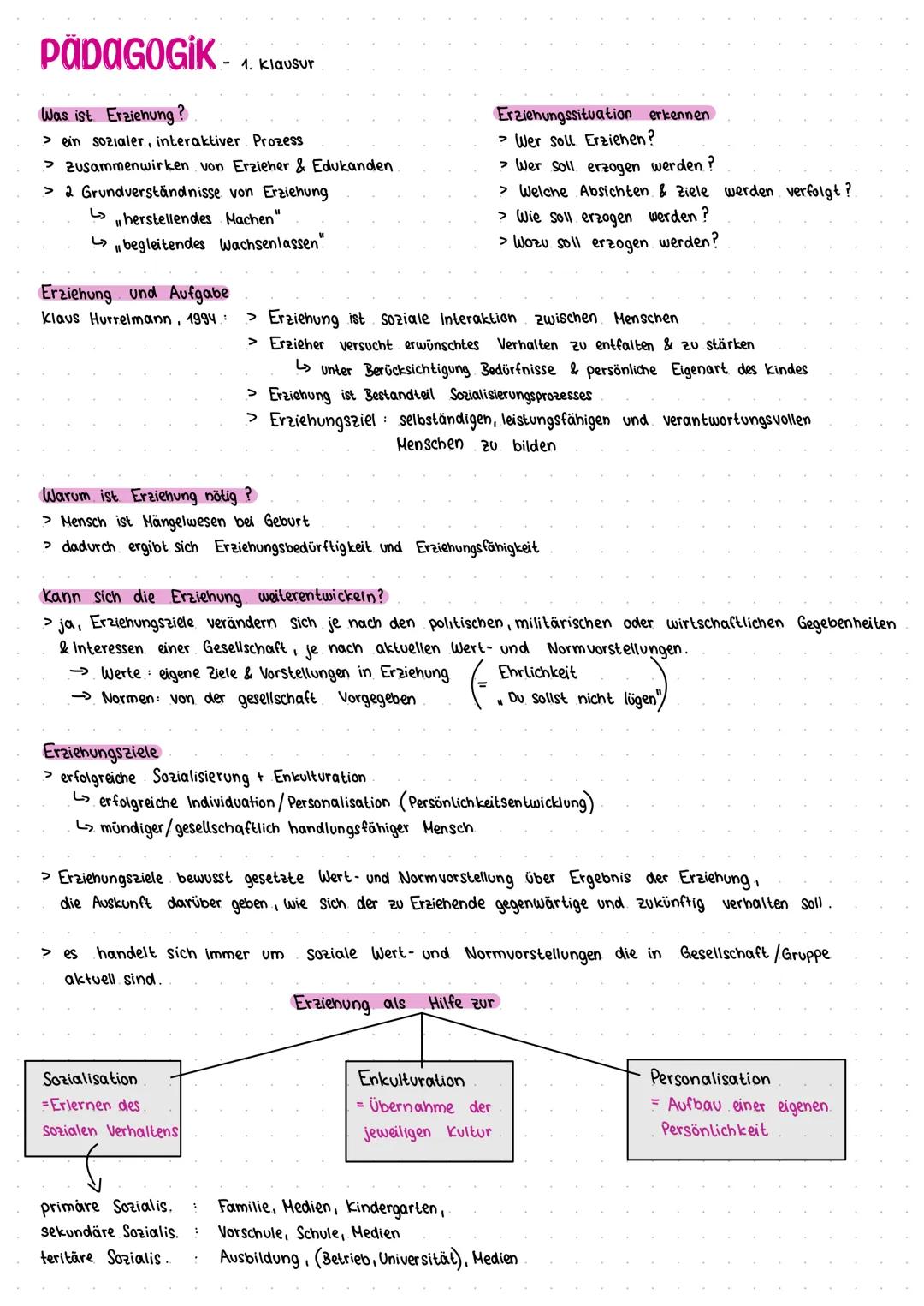 # PÄDAGOGIK-

1.  Klausur

Was ist Erziehung?

> ein sozialer, interaktiver Prozess

> Zusammenwirken von Erzieher & Edukanden

> 2 Grundver