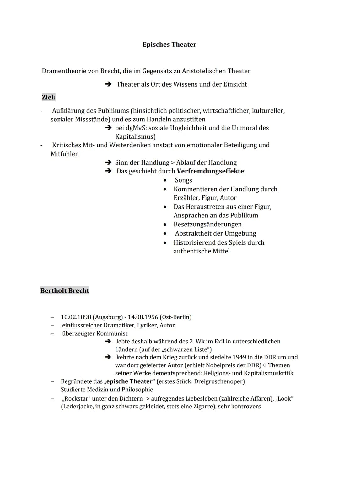 Dramentheorie von Brecht, die im Gegensatz zu Aristotelischen Theater
Theater als Ort des Wissens und der Einsicht
Ziel:
Episches Theater
Au
